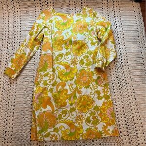 Vintage Mod Pink/Yellow/Orange Floral Long Sleeve Back Bow Dress Vintage size 16